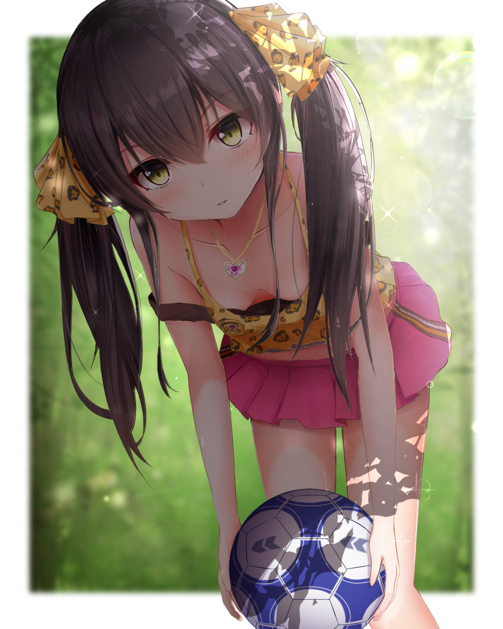 1girl ball bangs bare_legs black_hair blurry blurry_background blush bow breasts cleavage collarbone cowboy_shot crop_top hair_between_eyes hair_bow hair_ornament head_tilt highres holding idolmaster idolmaster_cinderella_girls jewelry karu_(qqqtyann) leaning_forward lens_flare long_hair looking_at_viewer matoba_risa midriff miniskirt necklace outside_border pendant pink_skirt pleated_skirt shadow sidelocks skirt solo standing strap_slip twintails upshirt yellow_eyes