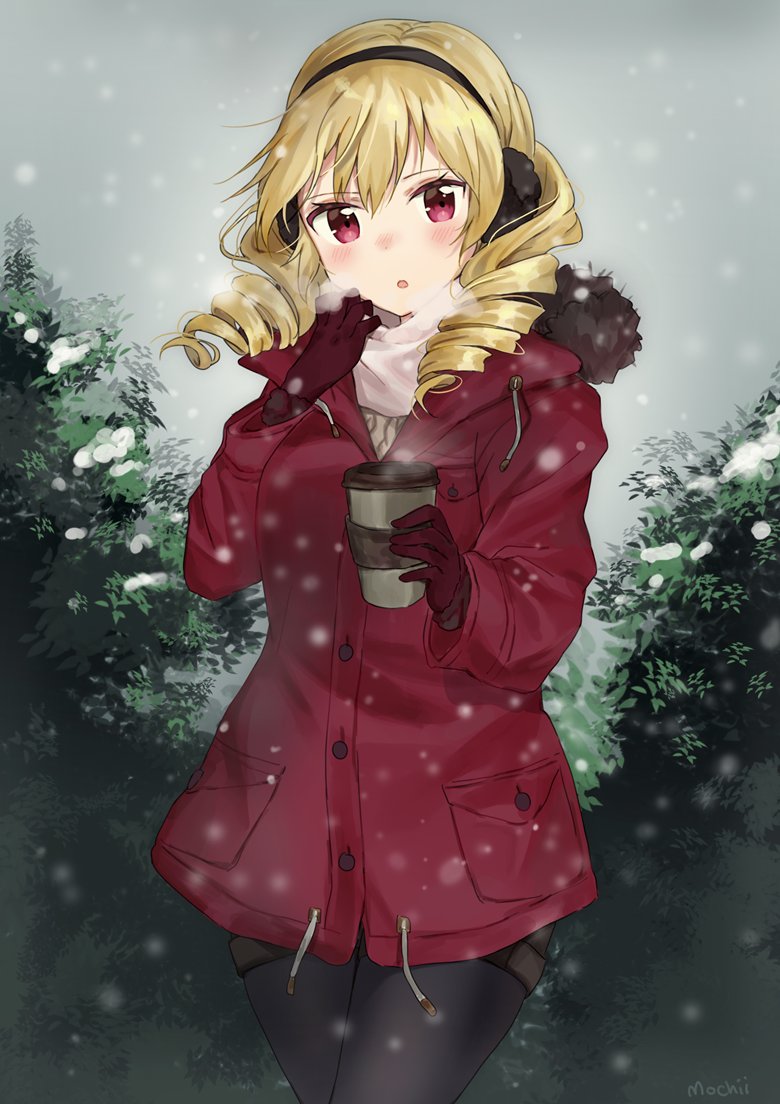 1girl :o bangs black_legwear blonde_hair blush coat commentary commission copyright_request cowboy_shot cup drill_hair earmuffs eyebrows_visible_through_hair fur_trim gloves holding looking_at_viewer mochii outdoors pantyhose parted_lips pink_scarf red_coat red_eyes red_gloves scarf snow snowing solo standing winter_clothes winter_coat