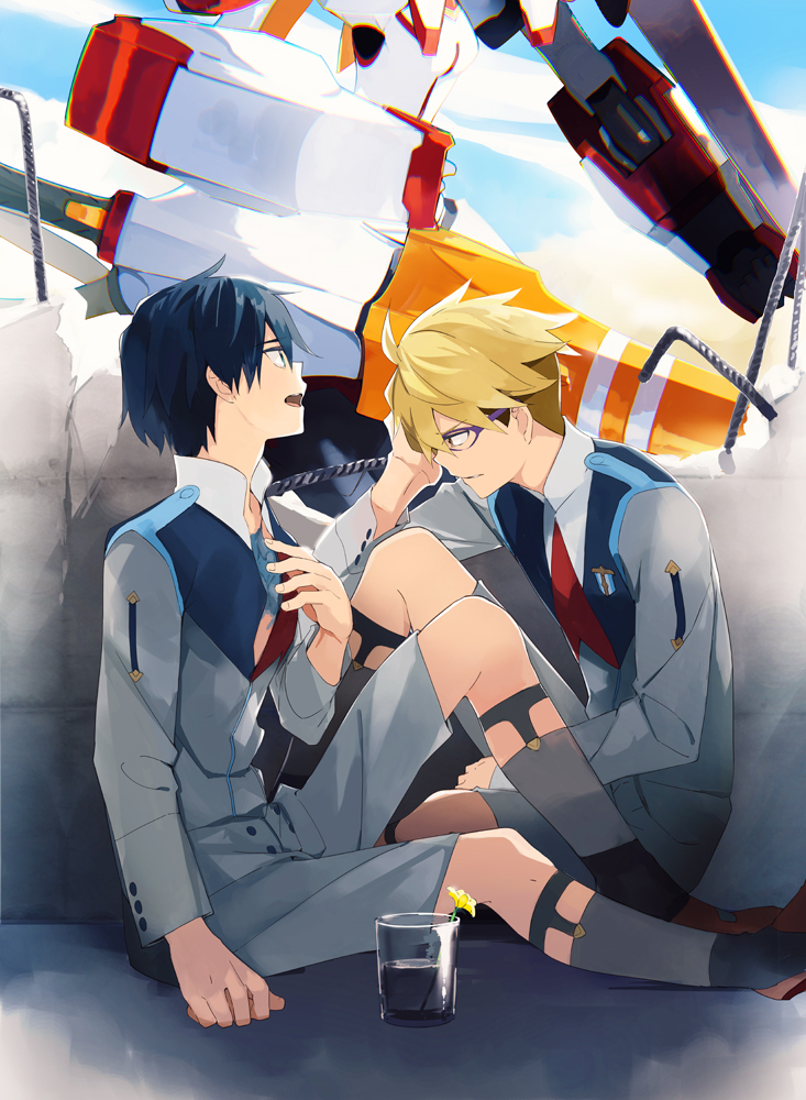 2boys black_hair blonde_hair clouds cup darling_in_the_franxx drinking_glass glasses gorou_(darling_in_the_franxx) grey_legwear hiro_(darling_in_the_franxx) male_focus mecha multiple_boys open_clothes open_shirt purple-framed_eyewear shorts sitting sock_garters socks strelizia takerusilt uniform