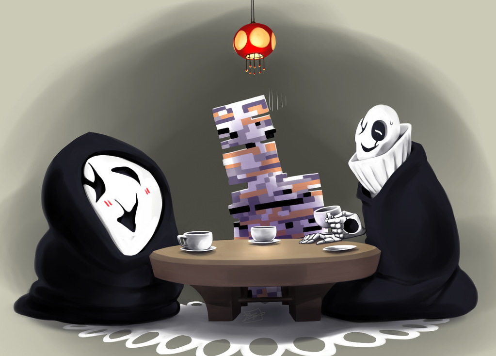 blush carpet commentary crossover cup grey_background holding lamp madcookiefighter missingno. pokemon pokemon_(creature) pokemon_(game) pokemon_rgby sitting smile sweatdrop table teacup trait_connection uboa undertale w.d._gaster yume_nikki