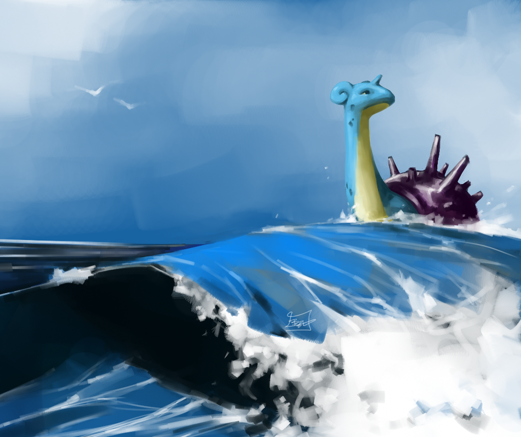 bird black_eyes blue_sky closed_mouth commentary lapras looking_afar looking_away madcookiefighter no_humans ocean pokemon pokemon_(creature) pokemon_(game) pokemon_rgby signature sky solo swimming water waving