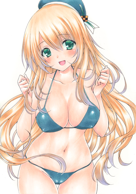 1girl :d atago_(kantai_collection) bikini blonde_hair blue_bikini blue_hat blush breasts eyebrows_visible_through_hair green_eyes hat kantai_collection long_hair looking_at_viewer marker_(medium) medium_breasts millipen_(medium) navel open_mouth ren_(endscape20) simple_background smile solo swimsuit traditional_media white_background
