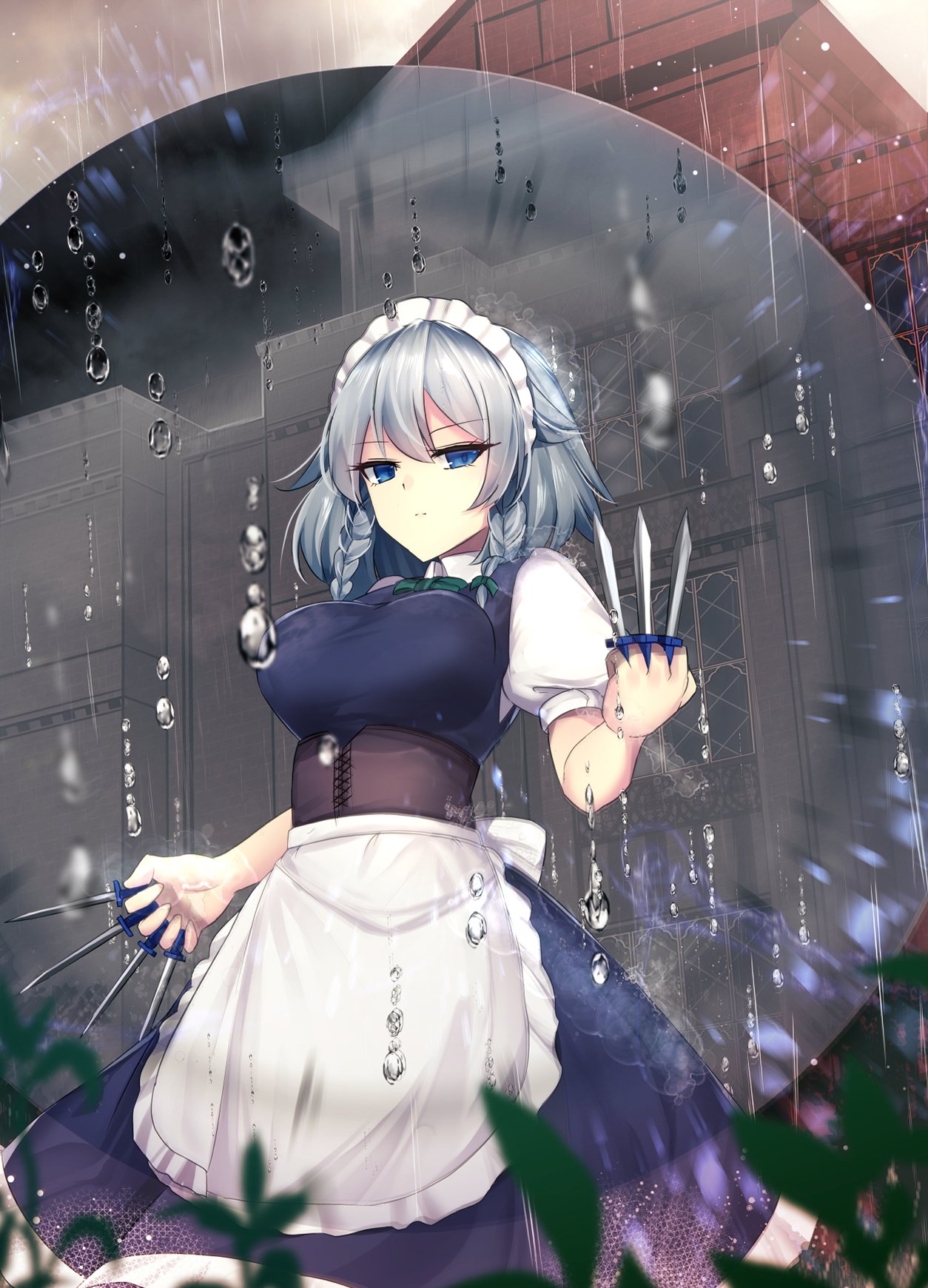 1girl apron blue_dress blue_eyes blurry_foreground bow braid breasts commentary_request cowboy_shot dress eyebrows_visible_through_hair green_bow green_neckwear hair_between_eyes hair_bow highres holding holding_knife izayoi_sakuya knife knives_between_fingers large_breasts looking_at_viewer maid_apron maid_headdress neck_bow petticoat plant puffy_short_sleeves puffy_sleeves rain scarlet_devil_mansion short_hair short_sleeves silver_hair sinkai solo standing touhou twin_braids waist_apron water_drop white_apron