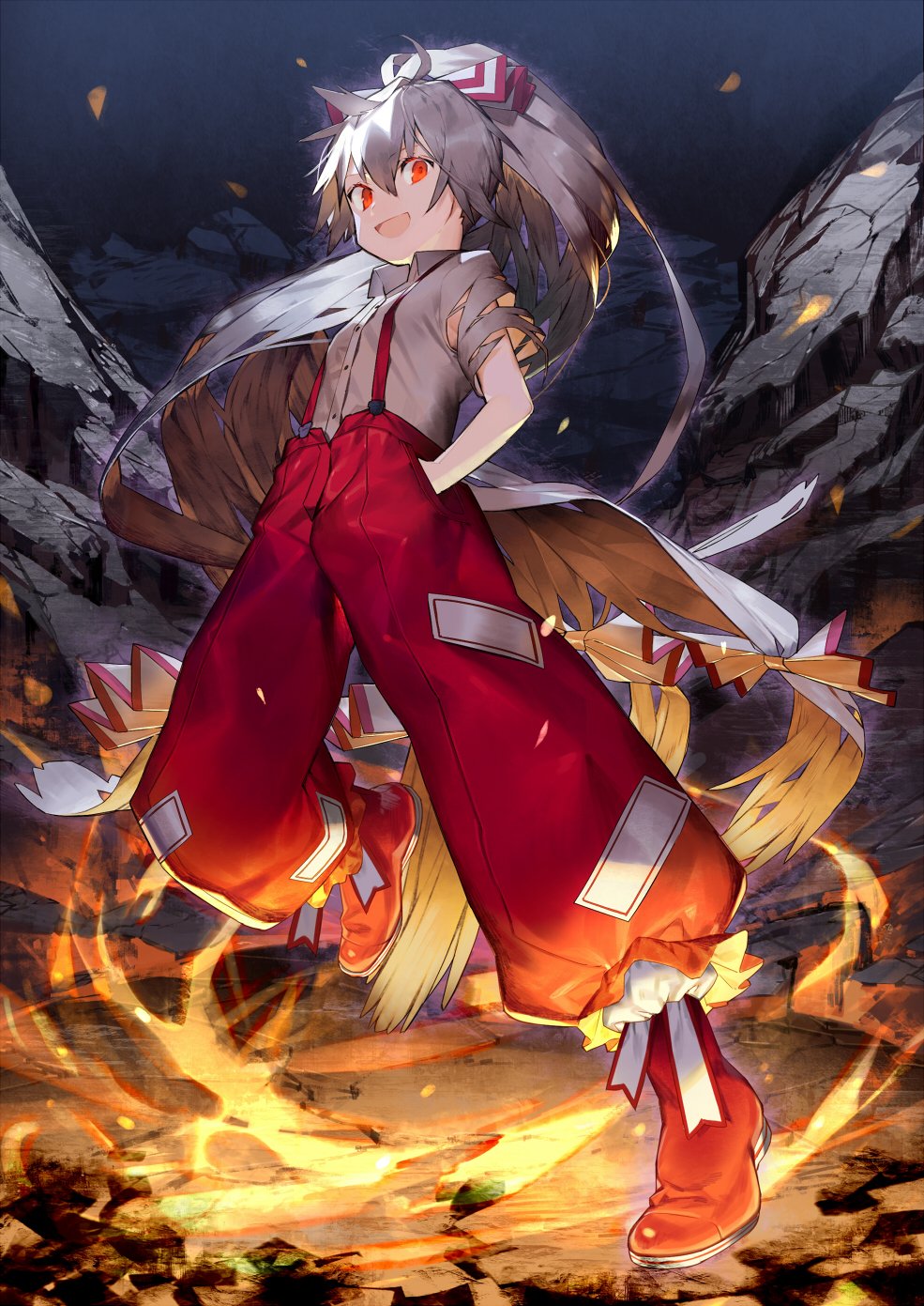 1girl bow fire fujiwara_no_mokou full_body hair_between_eyes hair_bow hand_in_pocket highres long_hair looking_at_viewer misoni_comi night night_sky ofuda open_mouth outdoors pants ponytail red_eyes red_footwear red_pants rock shirt shoes short_sleeves silver_hair sky smile solo standing suspenders touhou very_long_hair white_bow white_shirt