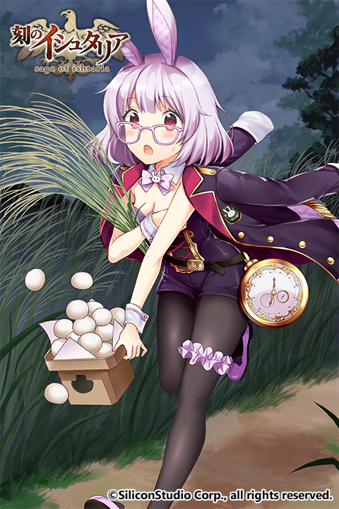 1girl age_of_ishtaria animal_ears belldot blush bow bowtie breasts cleavage clock clouds company_name copyright_name food glasses grass mochi night night_sky official_art open_mouth pantyhose pink_hair rabbit_ears red_eyes sky wagashi white_rabbit_(age_of_ishtaria)