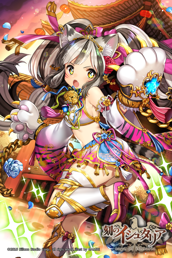 1girl age_of_ishtaria animal_ears architecture back bare_shoulders bi_an_(age_of_ishtaria) black_hair cat_ears cat_paws clouds company_name copyright_name east_asian_architecture facial_mark fangs flower gambe high_heels long_hair midriff multicolored_hair official_art open_mouth paws petals rose sky sparkle tiara twintails two-tone_hair white_hair yellow_eyes