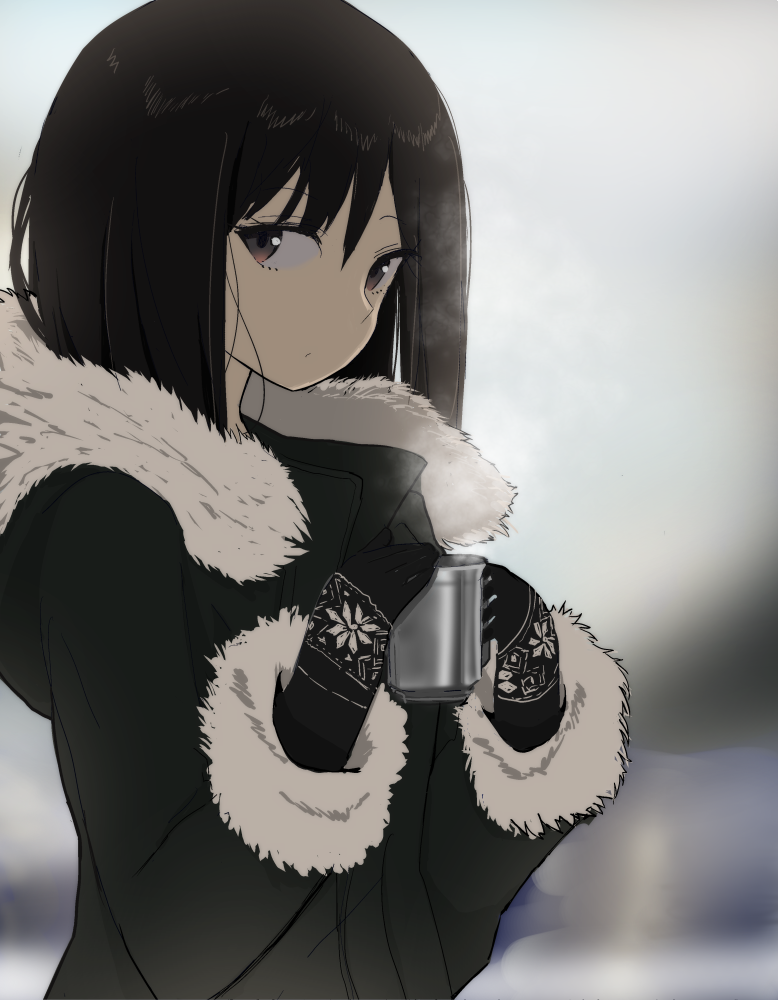 1girl black_hair commentary cup drink fur_trim gloves hinomaru_(futagun) holding holding_cup jacket original solo visible_air winter_clothes