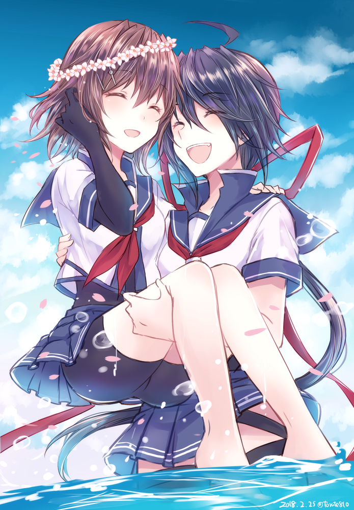 2girls :d ^_^ ^o^ ahoge bandage bangs bare_legs barefoot bike_shorts black_gloves black_shorts blue_skirt blue_sky blush brown_hair closed_eyes clouds day elbow_gloves eyebrows_visible_through_hair flower_wreath from_below furutaka_(kantai_collection) gloves hair_between_eyes hair_ornament hair_ribbon hand_in_hair hand_up head_wreath kabocha_torute kako_(kantai_collection) kantai_collection long_hair miniskirt multiple_girls neckerchief open_mouth outdoors person_carrying pleated_skirt red_neckwear red_ribbon ribbon school_uniform serafuku shiny shiny_hair shirt short_hair short_sleeves shorts shorts_under_skirt single_elbow_glove single_glove skirt sky smile soaking_feet very_long_hair wading water white_shirt