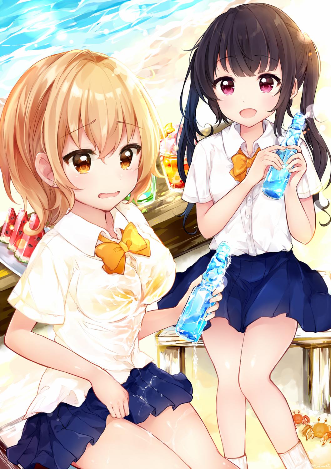 2girls :d animal bangs beach black_hair blue_skirt blush bow bowtie bra bra_through_clothes breasts brown_eyes commentary_request crab day eyebrows_visible_through_hair food fruit fukunoki_tokuwa hair_between_eyes highres holding light_brown_hair long_hair medium_breasts moe2018 multiple_girls open_mouth orange_neckwear original outdoors pleated_skirt ramune sand school_uniform see-through shaved_ice shirt short_sleeves sitting skirt smile socks twintails twitter_username underwear very_long_hair violet_eyes water watermelon wavy_mouth wet wet_clothes wet_skirt white_legwear white_shirt yellow_bra