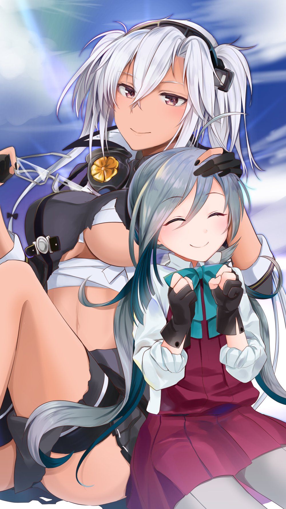 2girls ahoge brown_eyes budget_sarashi closed_eyes cowboy_shot dark_skin eyewear_removed glasses gloves grey_hair grey_legwear hair_between_eyes halterneck headgear highres holding_eyewear kantai_collection kiyoshimo_(kantai_collection) long_hair low_twintails multiple_girls musashi_(kantai_collection) pantyhose partly_fingerless_gloves pointy_hair sarashi shirt short_hair_with_long_locks silver_hair sitting twintails two_side_up very_long_hair white_shirt yuna_(yukiyuna)