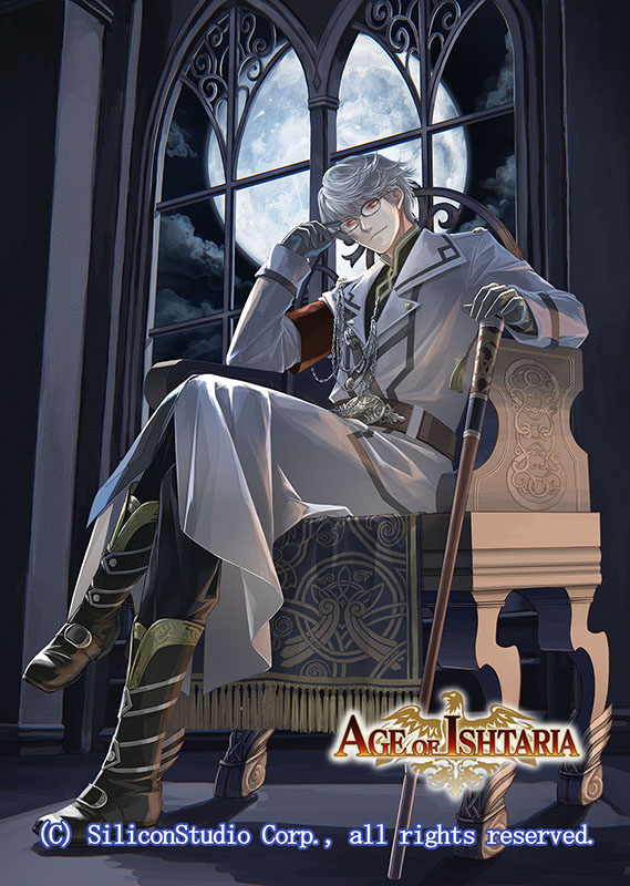 1boy age_of_ishtaria belt boots chair clouds company_name copyright_name glasses gloves hinata_gureko loki_(age_of_ishtaria) male_focus moon night night_sky official_art red_eyes sitting sky solo staff white_hair window