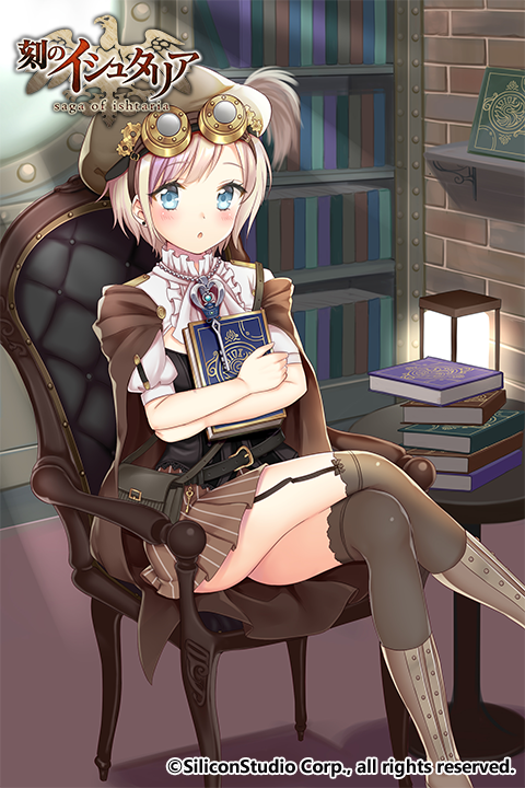1girl age_of_ishtaria belldot belt beret blonde_hair blue_eyes blush book boots capelet carter_(age_of_ishtaria) chair company_name copyright_name feathers goggles goggles_on_headwear hat key lamp official_art open_mouth short_hair sitting solo thigh-highs