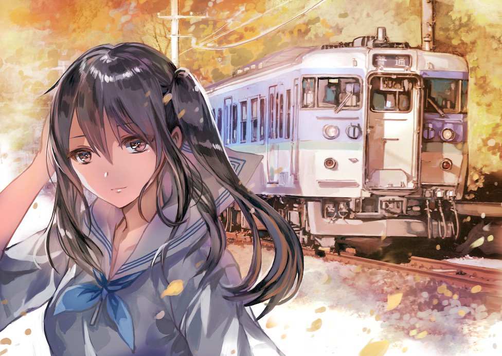 1girl black_hair blue_neckwear closed_mouth commentary_request copyright_request eyebrows_visible_through_hair ground_vehicle hand_up light_smile long_hair looking_at_viewer neckerchief outdoors power_lines railroad_tracks red_eyes rioka_(southern_blue_sky) sailor_collar school_uniform serafuku shirt side_ponytail solo telephone_pole train white_sailor_collar white_shirt