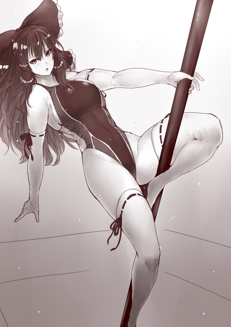 1girl bow competition_swimsuit elbow_gloves full_body gloves hair_bow hair_tubes hakurei_reimu long_hair looking_at_viewer monochrome one-piece_swimsuit pole pole_dancing ribbon_trim sepia solo swimsuit thigh-highs tobisawa touhou