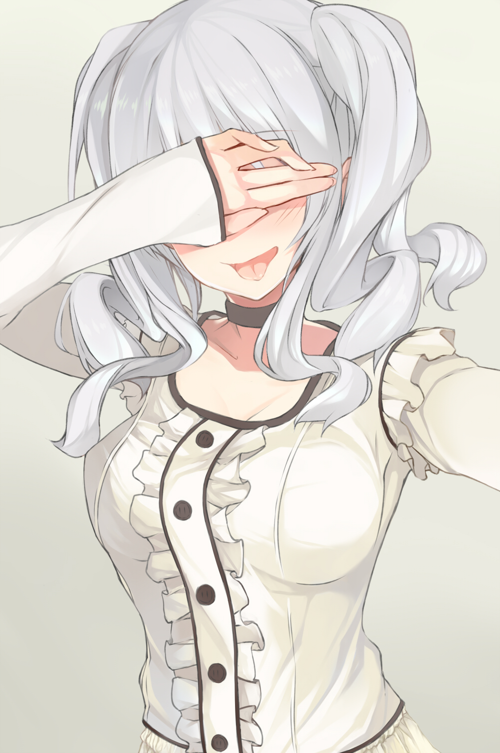 1girl alternate_costume arm_up bangs black_choker blush breasts buttons center_frills choker collarbone covering_face eyebrows_visible_through_hair facing_viewer frilled_shirt frills gradient gradient_background grey_background grey_shirt highres inushi kantai_collection kashima_(kantai_collection) long_hair long_sleeves medium_breasts no_hat no_headwear open_mouth outstretched_arm self_shot shirt sleeves_past_wrists solo tongue tongue_out twintails upper_body wavy_hair