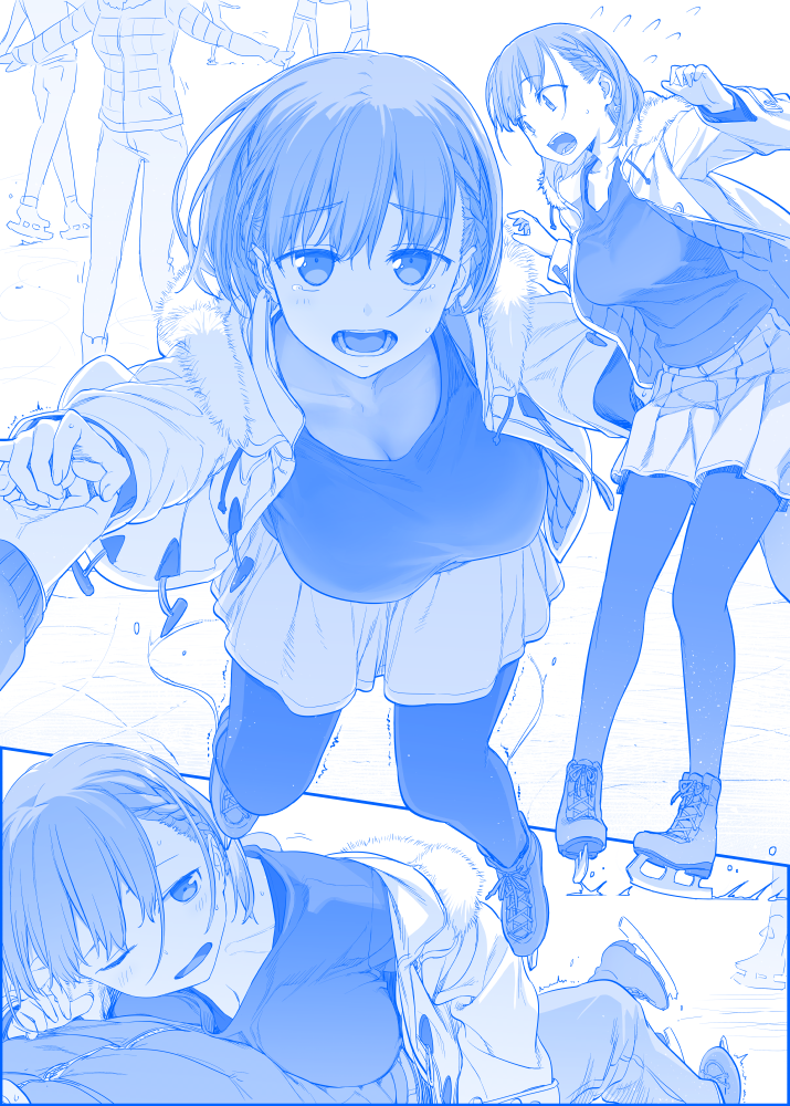 ai-chan_(tawawa) blue breasts cleavage commentary cross-laced_footwear eyebrows_visible_through_hair flying_sweatdrops fur_trim getsuyoubi_no_tawawa hand_holding himura_kiseki ice_skates jacket large_breasts leaning_forward lying lying_on_person monochrome multiple_views on_back on_stomach open_clothes open_jacket open_mouth pantyhose pleated_skirt short_hair skates skirt solo_focus