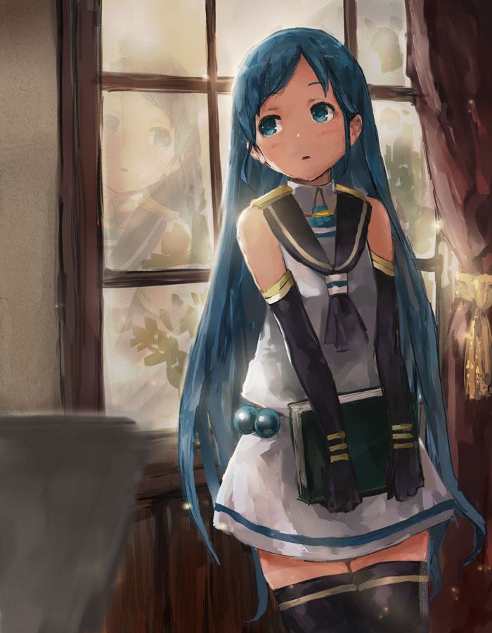 1girl black_gloves black_legwear blue_eyes blue_hair book bush curtains elbow_gloves gloves gold_trim holding holding_book indoors kantai_collection leaning_back long_hair looking_back neckerchief parted_lips reflection samidare_(kantai_collection) solo thigh-highs toka_(marchlizard) very_long_hair window zettai_ryouiki