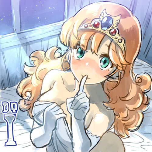1girl aqua_eyes bangs bare_shoulders bed_sheet blush breasts cleavage closed_mouth collarbone copyright_name dragon_quest dragon_quest_i elbow_gloves eyebrows eyebrows_visible_through_hair finger_to_mouth gem gloves hair_between_eyes index_finger_raised indoors long_hair lowres medium_breasts mimonel night night_sky nose_blush orange_hair princess_laura sky smile solo star_(sky) starry_sky tiara wavy_hair white_gloves