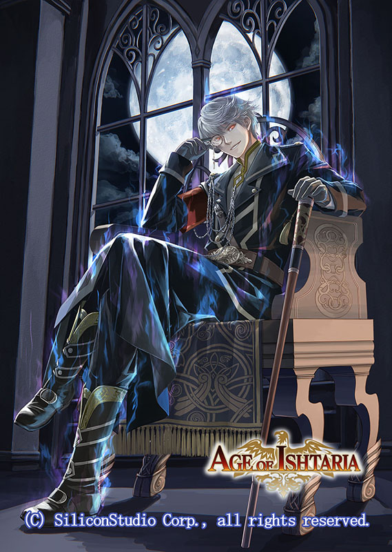 1boy age_of_ishtaria aura belt boots chair clouds company_name copyright_name gloves hinata_gureko loki_(age_of_ishtaria) male_focus monocle moon night night_sky official_art red_eyes sitting sky solo staff teeth white_hair window