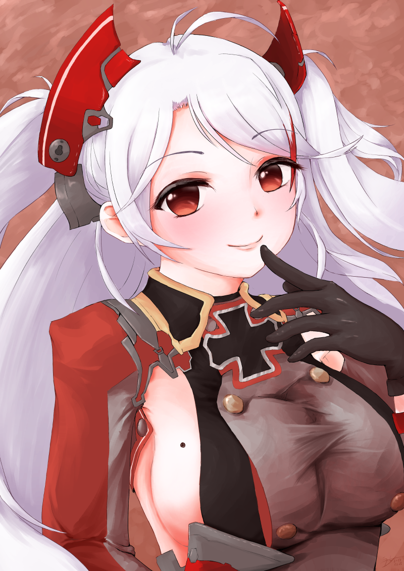 1girl 2018 antenna_hair azur_lane bangs black_gloves breasts buttons closed_mouth dated eyebrows eyebrows_visible_through_hair facing_away finger_to_mouth gloves hair_intakes headgear iron_cross kujou_ryuu large_breasts lips long_hair long_sleeves looking_at_viewer mole mole_on_breast multicolored_hair no_bra no_pupils orange_eyes prinz_eugen_(azur_lane) redhead sideboob signature smile solo streaked_hair swept_bangs two-tone_hair two_side_up upper_body white_hair