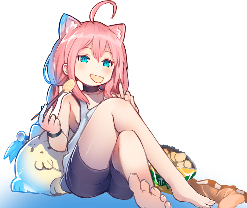 1girl ahoge animal_ears bag_of_chips bare_shoulders barefoot black_choker black_shorts cat_ears chips choker chopsticks collarbone commentary_request food grey_tank_top hinata_channel holding holding_chopsticks long_hair low_twintails mouth_hold nekomiya_hinata pink_hair rk_(rktorinegi) short_shorts shorts side_ponytail sidelocks sitting solo tank_top thighs toenails twintails very_long_hair