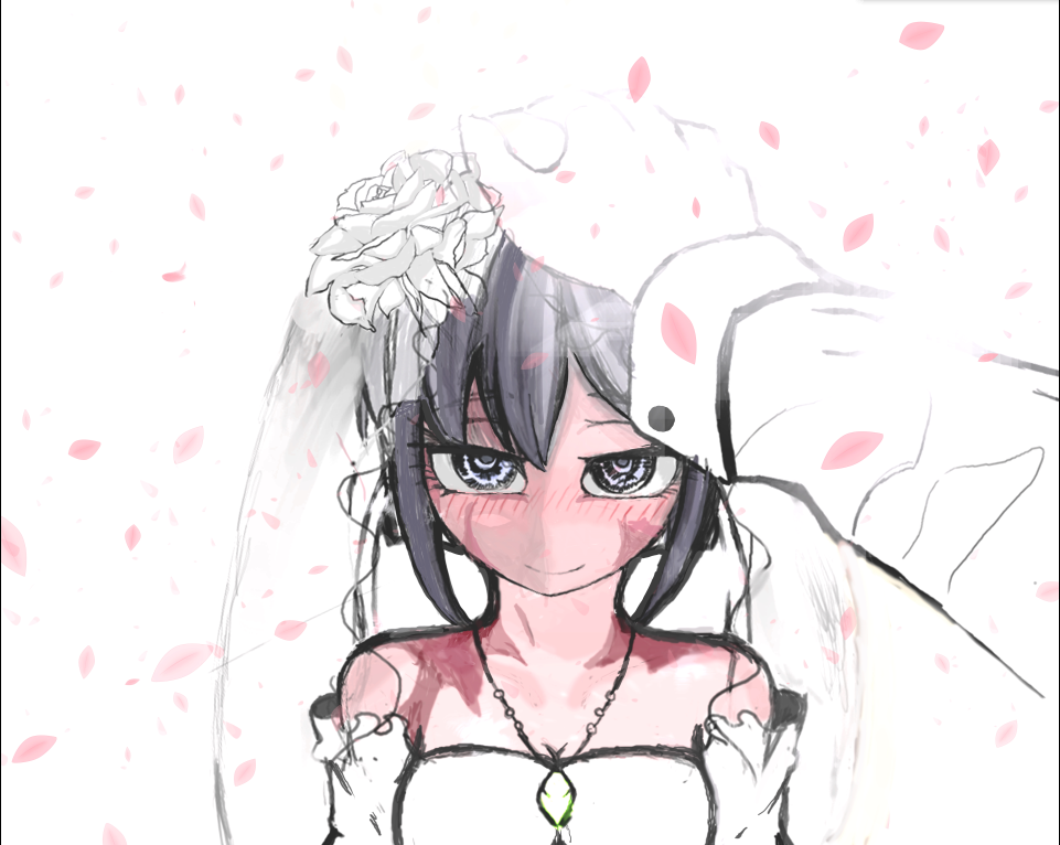 1girl bangs bare_shoulders black_hair blush breasts bridal_veil bride burn_scar cleavage dorei_to_no_seikatsu_~teaching_feeling~ dress flower gloves grey_eyes hair_between_eyes hair_ornament jewelry long_sleeves necklace petals petting pink_petals reinatriendl scar short_hair simple_background smile solo sylvie_(dorei_to_no_seikatsu) veil wedding wedding_dress white_background white_gloves