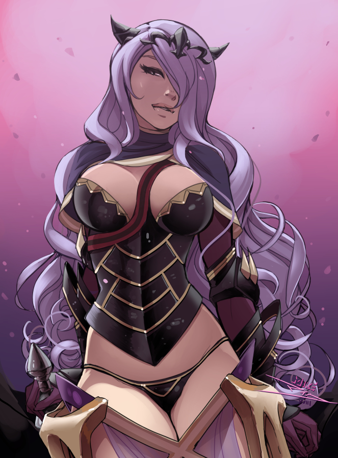 1girl arm_guards arms_at_sides between_breasts black_panties breasts camilla_(fire_emblem_if) capelet cleavage curly_hair faulds fire_emblem fire_emblem_if gloves gradient gradient_background hair_over_one_eye horns large_breasts lips long_hair looking_at_viewer mike_nesbitt panties parted_lips purple_gloves purple_hair revealing_clothes see-through signature solo standing sword tiara underwear very_long_hair violet_eyes weapon