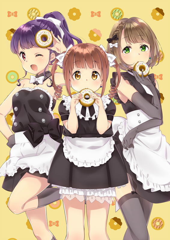 3girls :d ;d alternate_costume apron apron_hold black_legwear braid brown_eyes brown_hair cowboy_shot doughnut elbow_gloves enmaided eyebrows_visible_through_hair folded_leg food french_braid gloves green_eyes hair_ribbon hand_on_hip hand_to_forehead holding_doughnut kashiwagi_sumika kneehighs kujou_ume maid multiple_girls one_eye_closed open_mouth patterned_background petticoat purple_hair red_eyes ribbon saeki_hina short_hair short_sleeves sleeveless smile standing standing_on_one_leg thigh-highs tokyo_7th_sisters waist_apron wanibuchi_emoko yellow_background