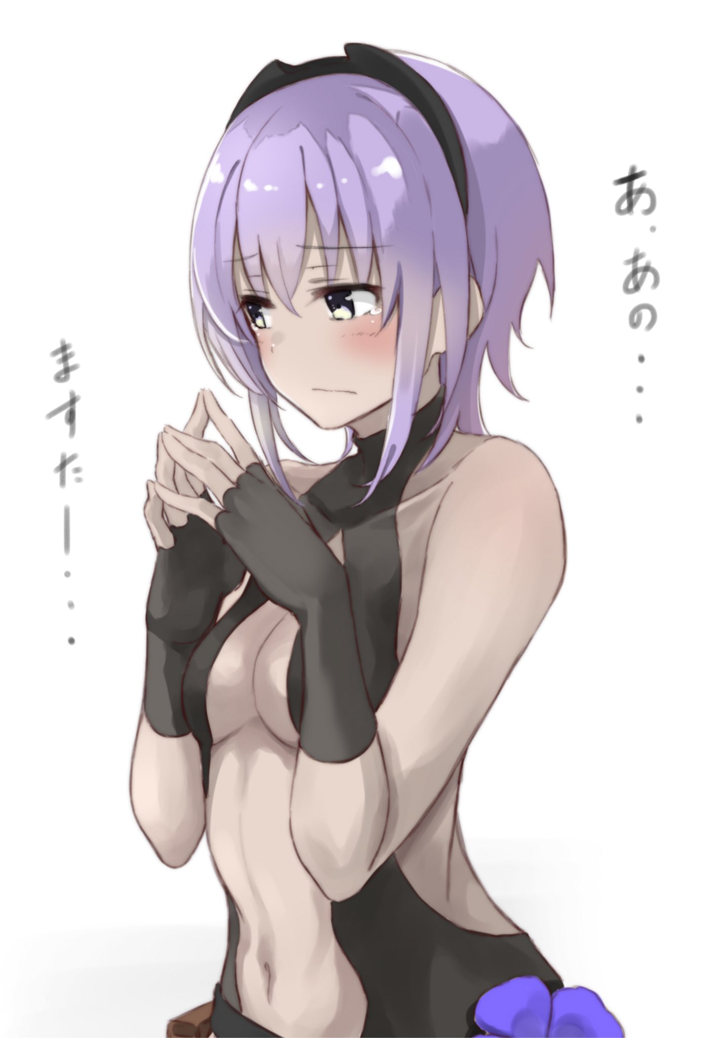 1girl bare_shoulders black_gloves blush breasts closed_mouth commentary_request dark_skin embarrassed eyebrows_visible_through_hair fate/prototype fate/prototype:_fragments_of_blue_and_silver fate_(series) fingers_together fuu_(fuore) gloves hairband hands_up hassan_of_serenity_(fate) highres looking_away navel purple_hair short_hair simple_background small_breasts solo white_background