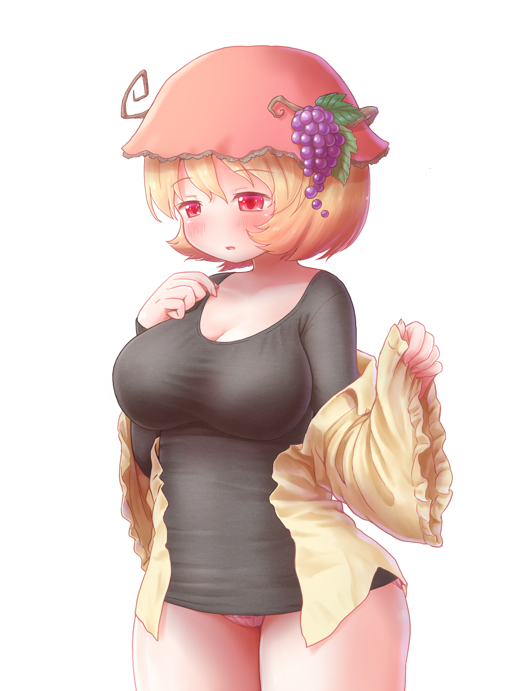 1girl aki_minoriko arinu black_shirt blonde_hair blush breasts cleavage eyebrows_visible_through_hair food frilled_sleeves frills fruit grapes hand_on_own_chest hat highres large_breasts long_sleeves looking_away looking_down off_shoulder open_clothes panties pantyshot pantyshot_(standing) pink_panties red_eyes red_hat shirt short_hair simple_background solo standing thighs touhou underwear white_background wide_sleeves