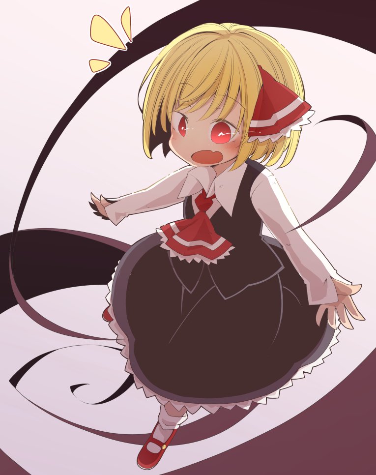 1girl ascot black_skirt black_vest blonde_hair collared_shirt commentary_request eyebrows_visible_through_hair frilled_skirt frills full_body hair_ribbon jagabutter long_sleeves mary_janes open_hands open_mouth red_eyes red_footwear red_neckwear ribbon rumia shirt shoes short_hair skirt sleeves_past_wrists socks solo spiral touhou vest white_legwear white_shirt
