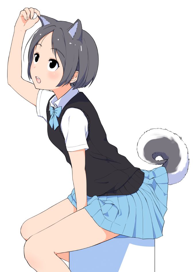 1girl :o animal_ears between_legs black_eyes black_vest blue_neckwear blue_skirt blush bow bowtie collared_shirt commentary_request curled_tail dog_ears dog_tail eyebrows_visible_through_hair from_side grey_hair hand_between_legs hand_up hi_iro looking_up original pleated_skirt school_uniform shirt short_sleeves simple_background skirt solo tail tail_lift vest white_background white_shirt wing_collar