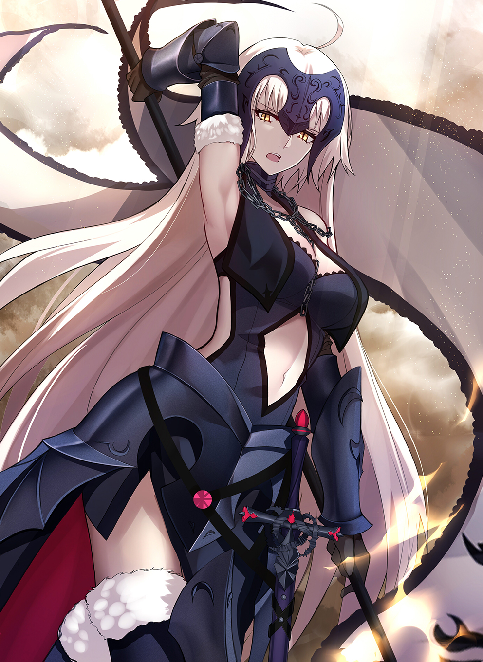 1girl ahoge arm_up armor armored_dress armpits bangs banner bare_shoulders black_dress black_gloves black_legwear breasts chains clouds cloudy_sky day dress elbow_gloves eyebrows_visible_through_hair fate/grand_order fate_(series) faulds floating_hair from_below fur-trimmed_gloves fur-trimmed_legwear fur_trim gloves headpiece highres holding jeanne_d'arc_(alter)_(fate) jeanne_d'arc_(fate)_(all) light_rays long_hair looking_at_viewer looking_down medium_breasts navel navel_cutout open_mouth outdoors pale_skin platinum_blonde scabbard serious sheath sheathed shiguru sky slit_pupils solo standing sunlight sword thigh-highs vambraces very_long_hair weapon yellow_eyes