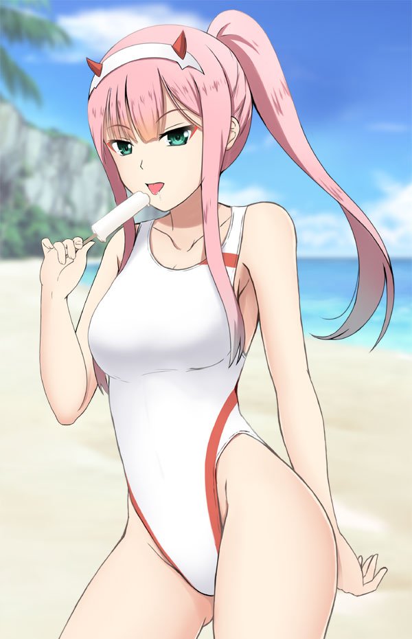 1girl beach commentary_request competition_swimsuit cowboy_shot darling_in_the_franxx food fuuma_nagi green_eyes hair_over_breasts hairband horns licking looking_at_viewer one-piece_swimsuit outdoors pink_hair ponytail popsicle solo straight_hair swimsuit tongue tongue_out white_hairband white_swimsuit zero_two_(darling_in_the_franxx)