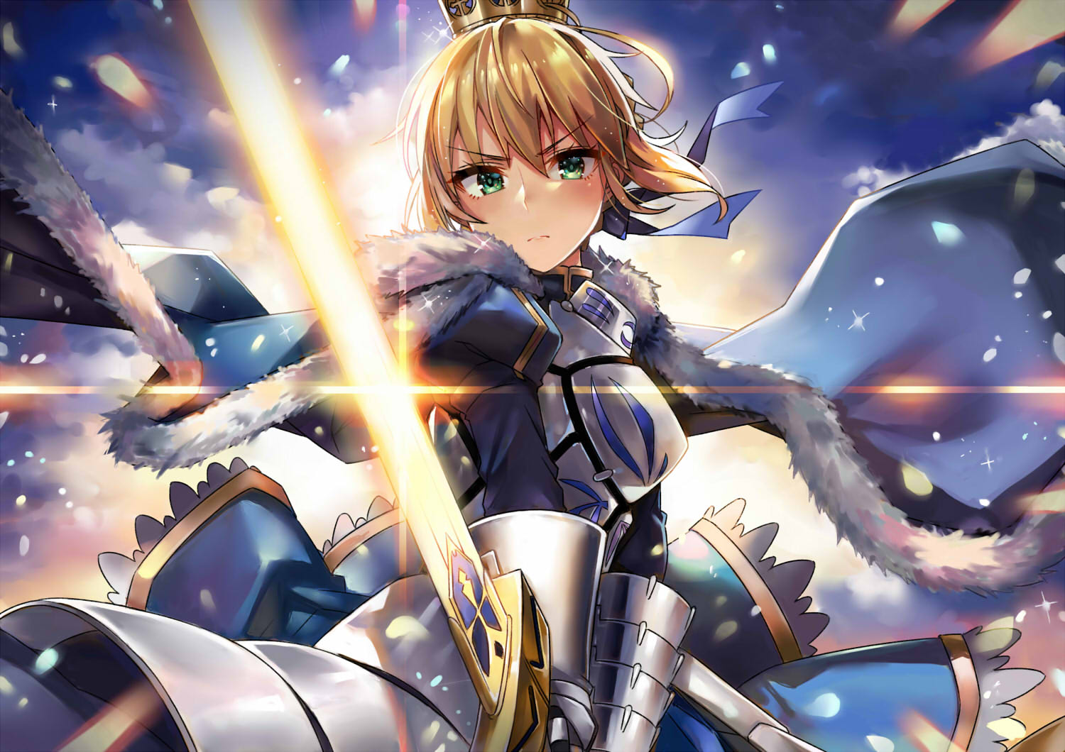 1girl armor armored_dress artoria_pendragon_(all) blonde_hair blue_cape blue_dress blue_ribbon blush cape crown dress excalibur eyebrows_visible_through_hair fate/stay_night fate_(series) floating_hair fur_trim gauntlets green_eyes hair_between_eyes hair_ribbon holding holding_sword holding_weapon looking_at_viewer moze ribbon saber short_hair solo standing sword weapon