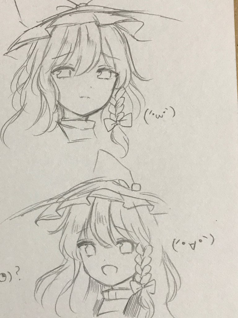 1girl :d braid emoticon expressions graphite_(medium) kirisame_marisa long_hair monochrome open_mouth sad_smile side_braid single_braid sketch smile solo touhou traditional_media wavy_hair yururi_nano