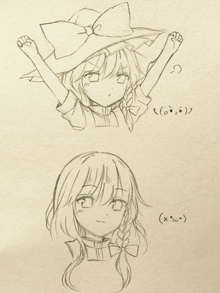 1girl :3 braid emoticon expressions fist_pump graphite_(medium) hat kirisame_marisa long_hair looking_at_viewer monochrome no_hat no_headwear side_braid single_braid sketch smile smirk solo touhou traditional_media wavy_hair witch_hat yururi_nano