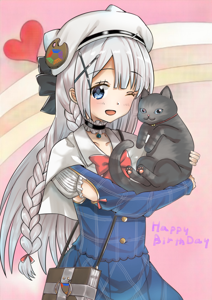 1girl ;d animal animal_hat bag bangs black_bow black_cat black_choker blue_eyes blue_shirt blue_skirt blush bow braid capelet cat cat_hat choker commentary_request copyright_request eikura eyebrows_visible_through_hair frilled_choker frills hair_bow hair_ornament hair_ribbon happy_birthday hat heart long_hair long_sleeves looking_at_viewer one_eye_closed open_mouth plaid plaid_shirt plaid_skirt pleated_skirt red_ribbon ribbon shirt shoulder_bag silver_hair skirt skirt_set smile solo very_long_hair white_capelet white_hat x_hair_ornament