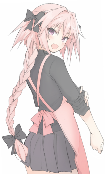 1boy apron astolfo_(fate) black_bow black_ribbon bow braid fang fate/apocrypha fate/grand_order fate_(series) hair_intakes hair_ribbon hand_on_own_arm male_focus mobu multicolored_hair pink_hair ribbon single_braid sleeves_rolled_up solo streaked_hair trap violet_eyes