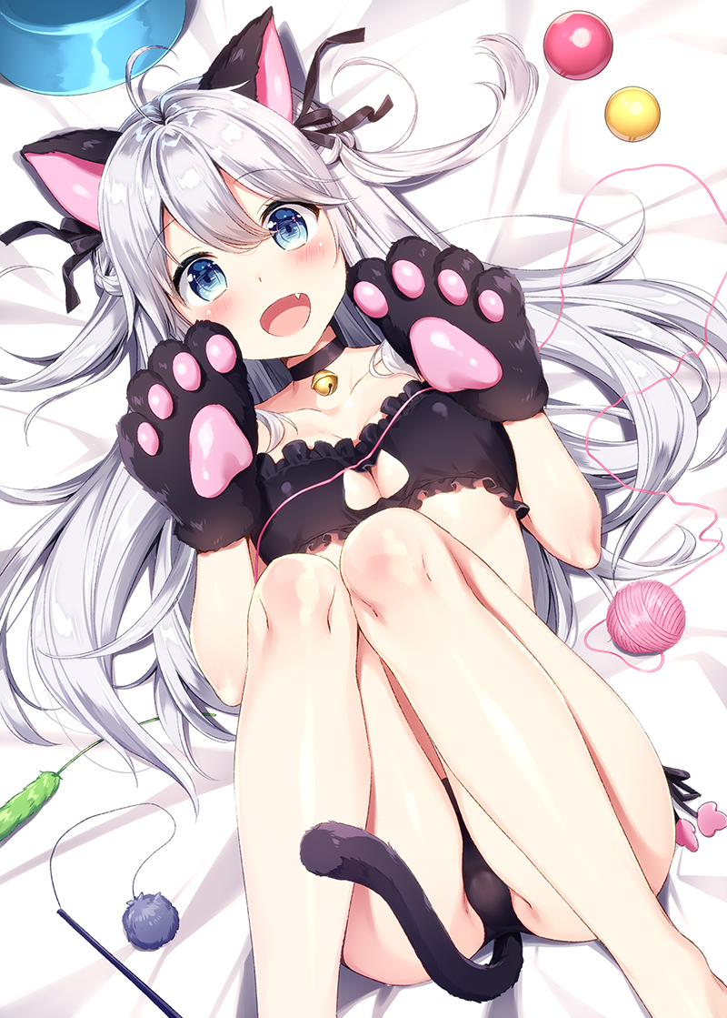 1girl :d ahoge animal_ears bangs bare_legs barefoot bed_sheet bell bell_choker black_bra black_choker black_gloves black_panties black_ribbon blue_eyes blush bowl bra breasts cat_cutout cat_ears cat_lingerie cat_tail cat_teaser choker cleavage cleavage_cutout collarbone commentary_request eyebrows_visible_through_hair fang feet_out_of_frame frilled_bra frills gloves hair_ribbon jingle_bell knees_together_feet_apart legs_up long_hair looking_at_viewer lying masuishi_kinoto medium_breasts meme_attire on_back open_mouth original panties paw_gloves paws pet_bowl ribbon silver_hair small_breasts smile solo tail tareme underwear underwear_only yarn yarn_ball