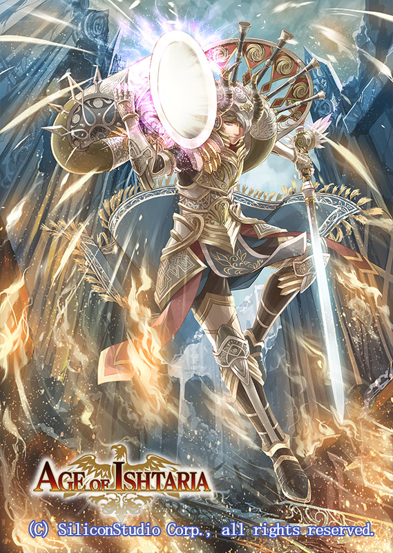 1boy age_of_ishtaria armor armored_boots blonde_hair blue_eyes boots company_name copyright_name fire gloves heimdallr_(age_of_ishtaria) helmet hinata_gureko horn_(instrument) horns male_focus solo sword weapon