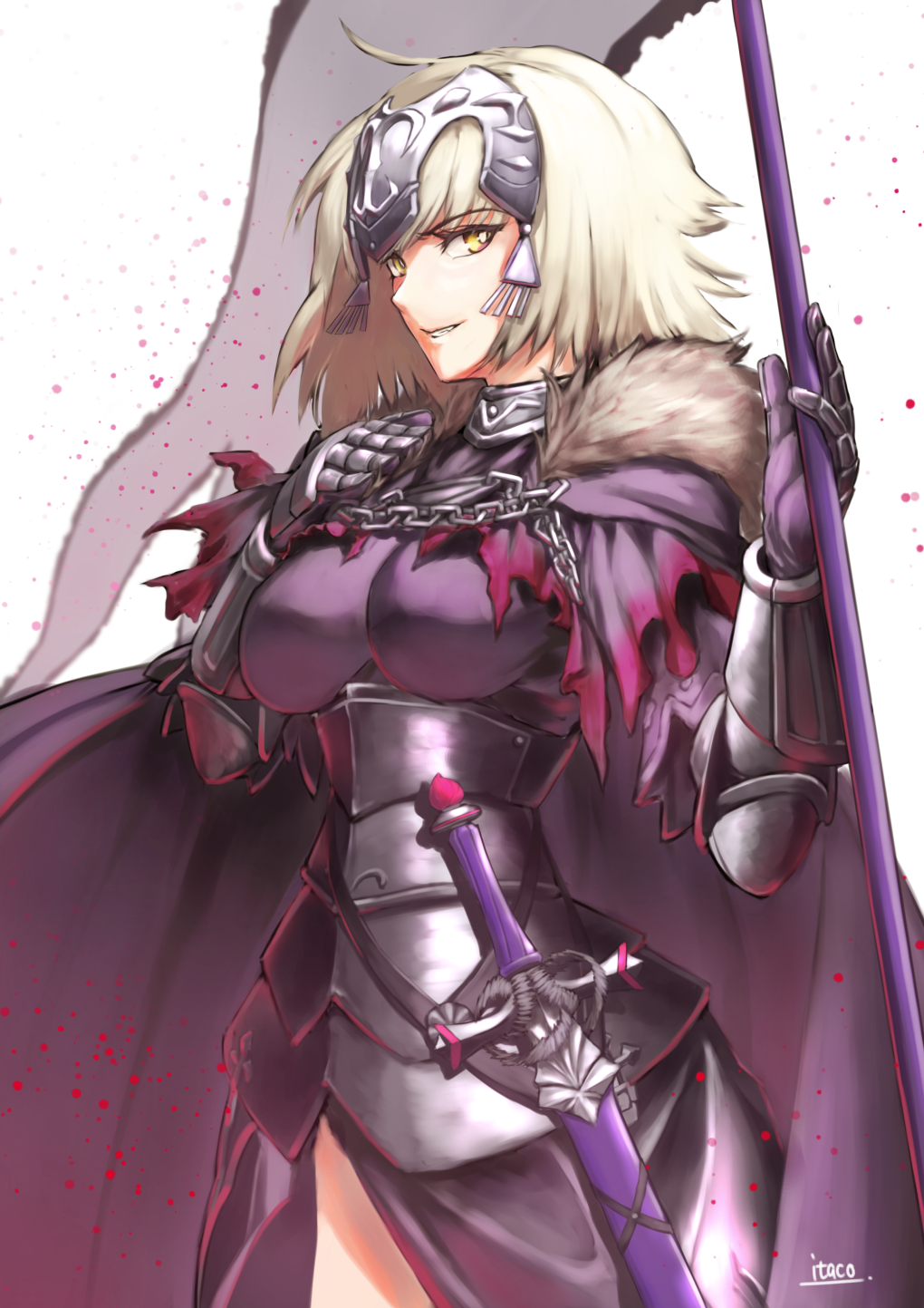 1girl ahoge armor armored_dress banner breasts breasts_apart chains cowboy_shot dress fate/grand_order fate_(series) highres holding holding_weapon itaco1987 jeanne_d'arc_(alter)_(fate) jeanne_d'arc_(fate)_(all) large_breasts long_hair parted_lips purple_dress sheath sheathed signature silver_hair smile solo standing sword weapon yellow_eyes
