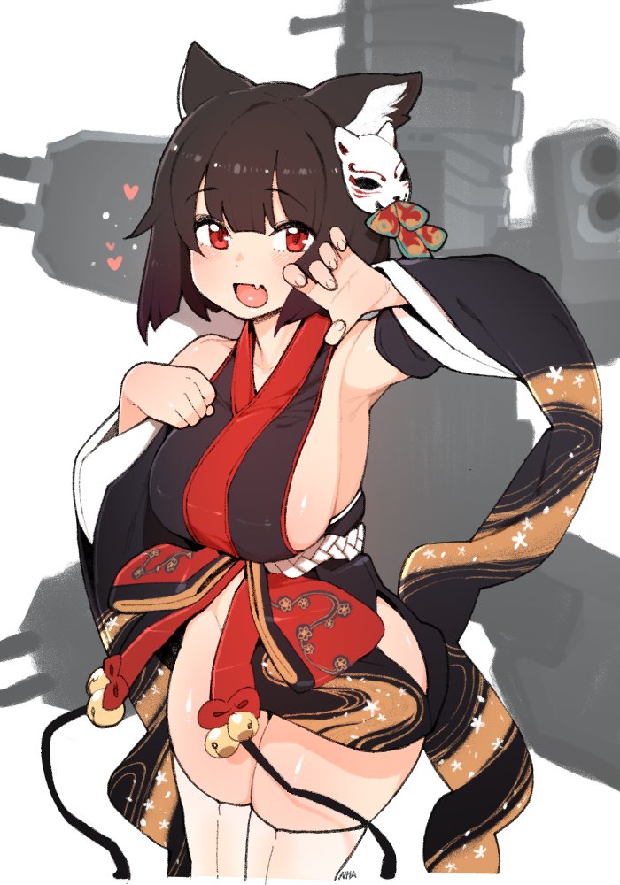 1girl :d animal_ears arm_up armpits artist_request azur_lane bell blush breasts cat_ears claw_pose cowboy_shot detached_sleeves eyebrows_visible_through_hair fang heart japanese_clothes jingle_bell large_breasts mask mask_on_head no_panties open_mouth red_eyes short_hair sideboob smile solo thigh-highs white_legwear wide_sleeves yamashiro_(azur_lane)