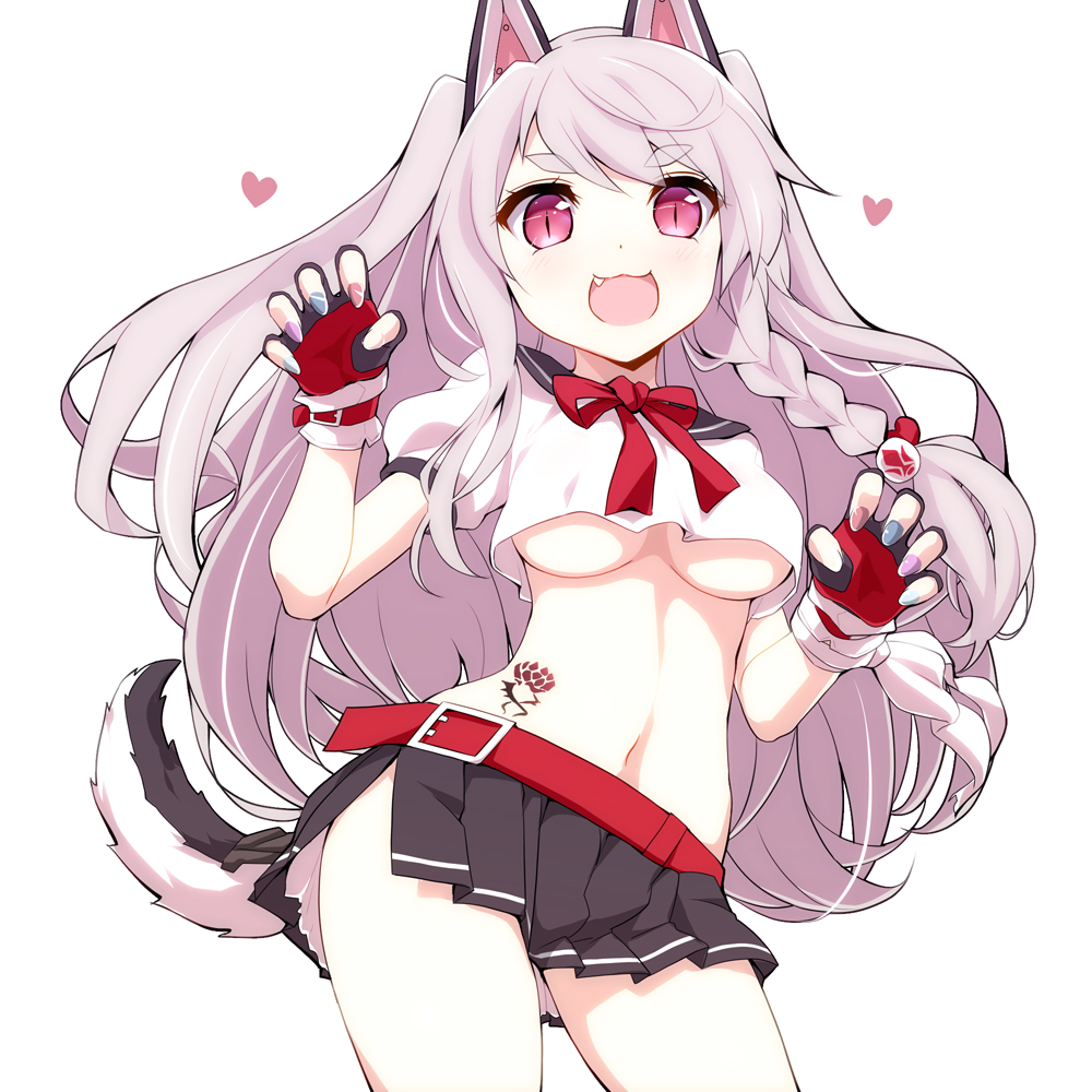 1girl :3 :d animal_ears azur_lane bangs belt_buckle black_gloves black_skirt blue_nails blush braid breasts brown_nails buckle claw_pose commentary_request contrapposto crop_top crop_top_overhang eyebrows_visible_through_hair fang fingerless_gloves gloves grey_hair hair_between_eyes hair_ornament heart heart_hair_ornament long_hair looking_at_viewer medium_breasts multicolored multicolored_nail_polish nail_polish navel open_mouth pleated_skirt puffy_short_sleeves puffy_sleeves purple_nails red_belt school_uniform serafuku shirt short_sleeves side_braid silver_nails simple_background single_braid skirt smile solo tail thick_eyebrows tray under_boob very_long_hair violet_eyes watarui white_background white_nails white_shirt wolf_ears wolf_girl wolf_tail yuudachi_(azur_lane)