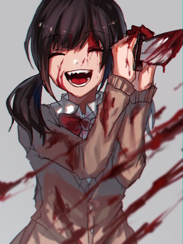 1girl :d ^_^ ^o^ bangs black_hair blood blood_on_face blood_splatter bloody_clothes bloody_knife blunt_bangs bow bowtie cardigan closed_eyes danjou_sora eyebrows_visible_through_hair grey_background happy holding holding_knife knife long_hair long_sleeves low_twintails motion_blur open_mouth original red_bow red_neckwear school_uniform simple_background smile solo teeth twintails two-handed upper_body