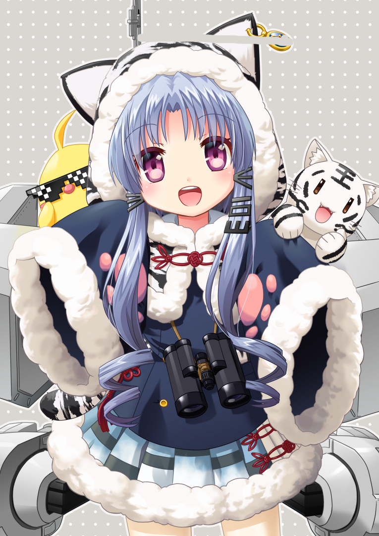 1girl :d animal animal_hood animal_on_shoulder animal_print azur_lane bangs binoculars bird blue_coat blue_hair blush buttons capelet cat_hood censored chang_chun_(azur_lane) chick coat cowboy_shot deal_with_it dot_nose drill_hair eyebrows eyebrows_visible_through_hair eyelashes eyes_visible_through_hair facing_viewer fur_trim hair_intakes hair_ornament hood hood_up hooded_capelet jewelry legs_apart long_hair long_sleeves looking_at_viewer machinery miniskirt number open_mouth outline paw_print pink_eyes polka_dot polka_dot_background red_star s_nyaau single_earring skirt sleeves_past_wrists smile solo standing star sunglasses teeth tiger tiger_print tongue white_tiger wide_sleeves