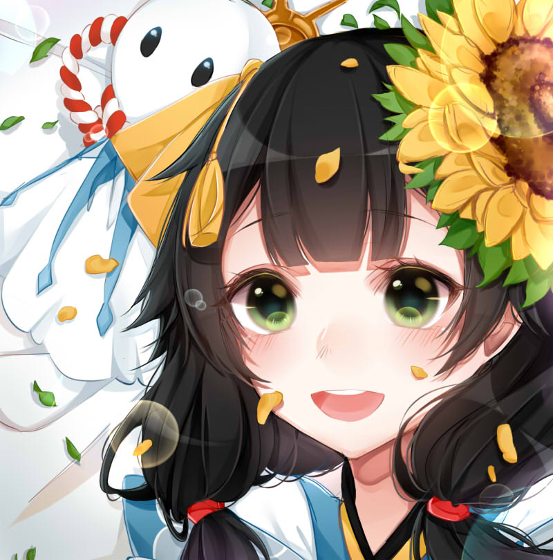 1girl blush flower green_eyes hiyoribo_(onmyoji) leaf long_hair low_twintails onmyoji open_mouth petals portrait solo sunflower teeth teruterubouzu twintails