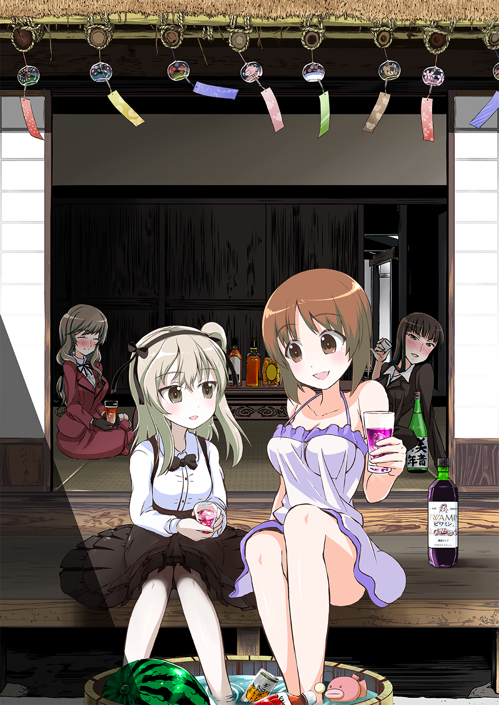 4girls anglerfish bangs black_gloves black_jacket black_neckwear black_pants black_ribbon black_skirt black_suit blue_dress blush boko_(girls_und_panzer) bottle bow bowtie breasts brown_eyes brown_hair can casual closed_eyes collared_shirt commentary_request cup day dress drinking_glass drunk eyebrows_visible_through_hair food formal fruit girls_und_panzer glass gloves hair_ribbon high-waist_skirt highres holding indoors jacket light_brown_hair long_hair long_sleeves looking_at_another medium_breasts medium_dress mother_and_daughter multiple_girls nishizumi_miho nishizumi_shiho on_floor open_mouth outdoors pant_suit pants parted_lips ranka_(yachou_no_kai) red_jacket red_skirt red_suit ribbon shimada_arisu shimada_chiyo shirt short_hair shot_glass shouji side_ponytail sitting skirt skirt_suit sliding_doors smile soda_can spaghetti_strap suit suspender_skirt suspenders table tatami wading watermelon white_shirt wind_chime wooden_floor