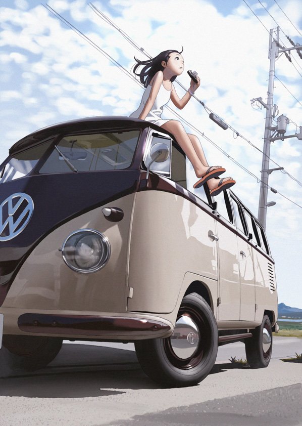 1girl ahoge black_hair bus clouds cloudy_sky dress ground_vehicle hill motor_vehicle murata_renji on_vehicle original power_lines reflection road sandals sitting sky sleeveless sleeveless_dress street telephone_pole van volkswagen volkswagen_type_2 white_dress wind