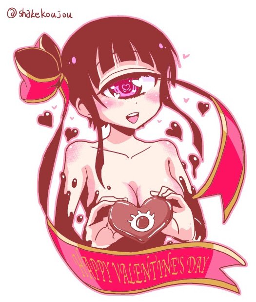 1girl :d bangs black_hair blunt_bangs blush breasts chocolate cleavage commentary_request cyclops dot_nose english hair_ribbon happy_valentine heart heart-shaped_pupils hitomi_sensei_no_hokenshitsu holding large_breasts looking_at_viewer manaka_hitomi naked_chocolate nude one-eyed open_mouth ribbon shake-o simple_background smile solo symbol-shaped_pupils twitter_username valentine white_background